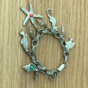 Nautical charm bracelet silver tone sea starfish seahorse fishes and shells
